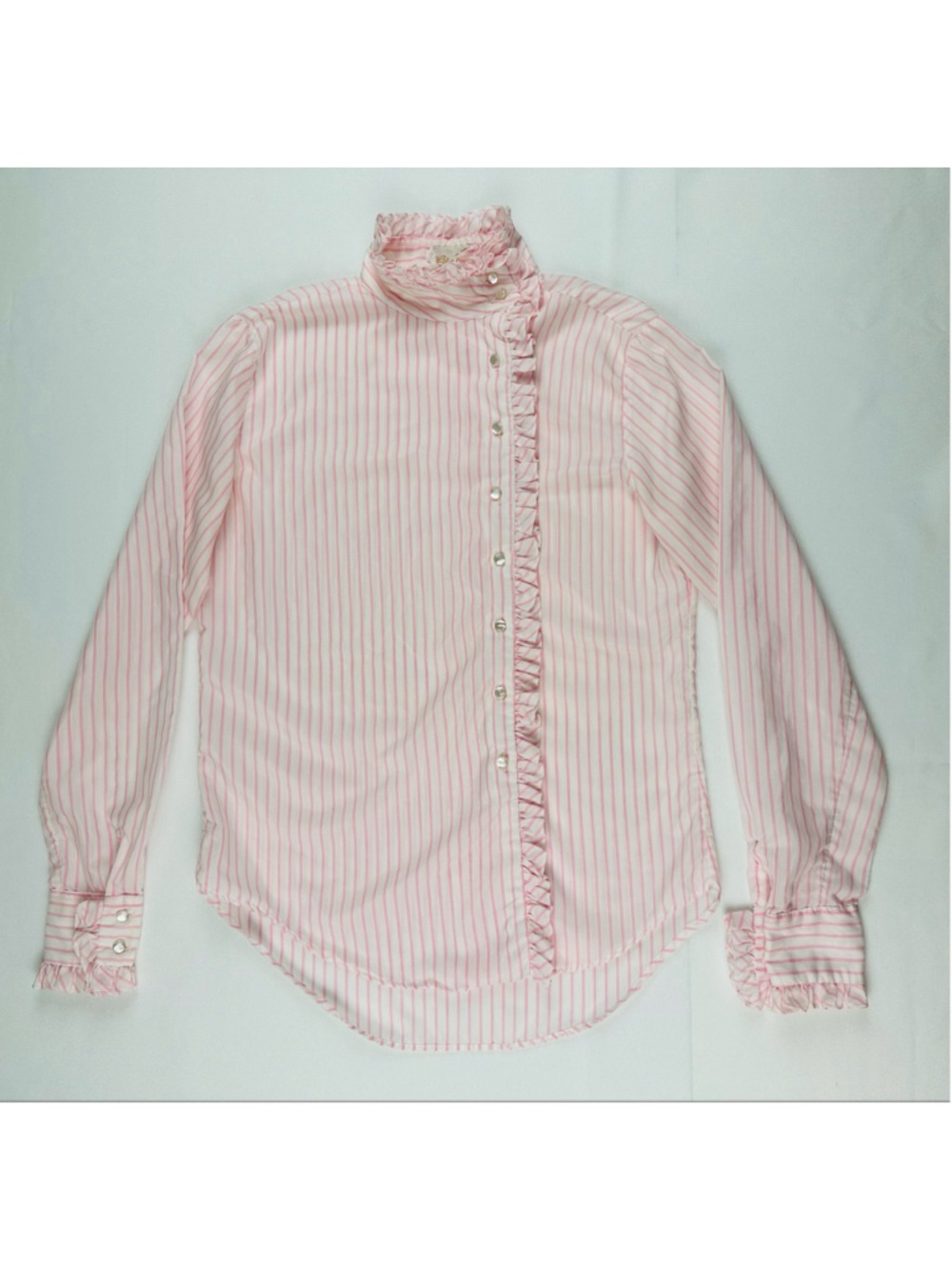 Vintage 1980s Ellen Tracy Pink Candy Stripe Ruffle Blouse Size 7 - Picture 2 of 10